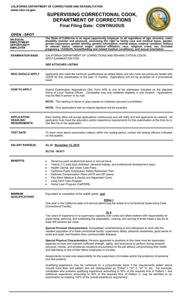 SUPERVISING CORRECTIONAL COOK, DEPARTMENT of CORRECTIONS Final Filing Date: CONTINUOUS