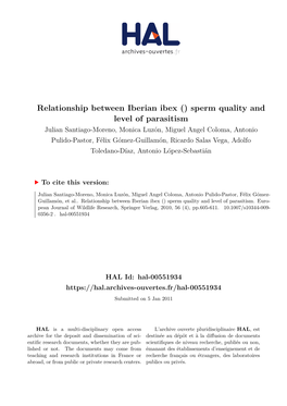 Relationship Between Iberian Ibex () Sperm Quality and Level of Parasitism