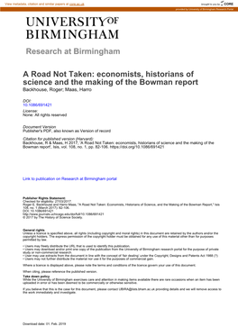 Economists, Historians of Science, and the Making of the Bowman Report," Isis 108, No