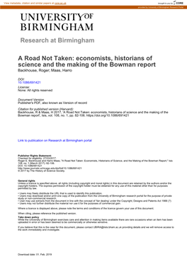 Economists, Historians of Science, and the Making of the Bowman Report,