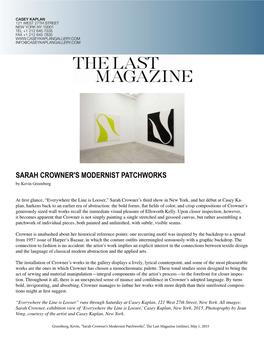 SARAH CROWNER's MODERNIST PATCHWORKS by Kevin Greenberg