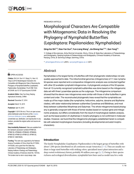 Morphological Characters Are Compatible with Mitogenomic Data in Resolving the Phylogeny of Nymphalid Butterflies (Lepidoptera: Papilionoidea: Nymphalidae)