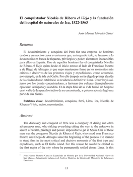 El Conquistador Nicolás De Ribera El Viejo Y La Fundación Del Hospital De Naturales De Ica, 1522-1563