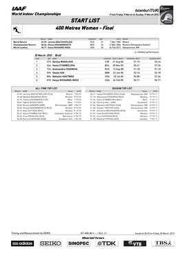 START LIST 400 Metres Women - Final