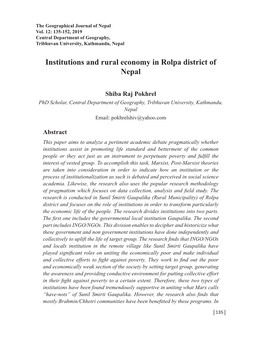 Institutions and Rural Economy in Rolpa District of Nepal