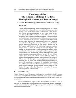 Knowledge of God: the Relevance of Hosea 4:1-3 for a Theological Response to Climate Change