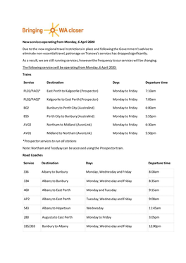 New Services Operating from Monday, 6 April 2020 Due to the New