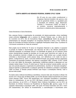 25 De Novembro De 2013 CARTA ABERTA AO SENADO FEDERAL