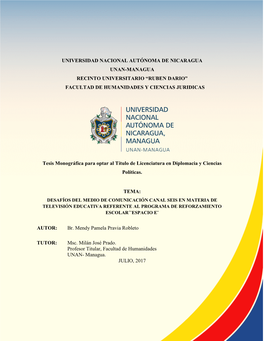 Universidad Nacional Autónoma De Nicaragua Unan-Managua Recinto Universitario “Ruben Dario” Facultad De Humanidades Y Ciencias Juridicas