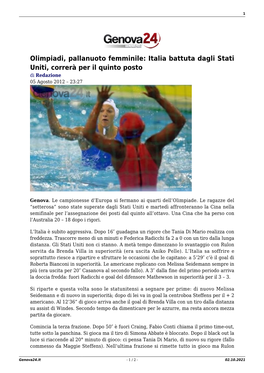 Olimpiadi, Pallanuoto Femminile: Italia Battuta Dagli Stati Uniti, Correrà Per Il Quinto Posto Di Redazione 05 Agosto 2012 – 23:27