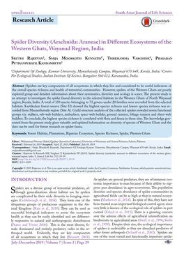 Spider Diversity (Arachnida: Araneae) in Different Ecosystems of the Western Ghats, Wayanad Region, India
