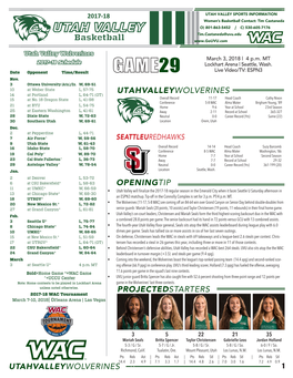 UTAH VALLEY SPORTS INFORMATION Women’S Basketball Contact: Tim Castaneda UTAH VALLEY O) 801-863-5452 | C) 530-605-7176 Tim.Castaneda@Uvu.Edu Basketball