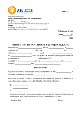 Ricorso Ai Sensi Dell'art. 41 Comma 9 D. Lgs. 9 Aprile 2008, N. 81