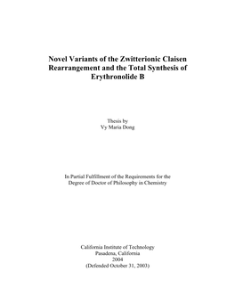 Novel Variants of the Zwitterionic Claisen Rearrangement and the Total Synthesis of Erythronolide B