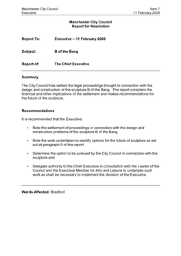 Report on B of the Bang to Executive 11 February 2009
