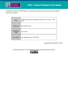 'Settlement and Social Change in the Barony of Tulla, C. 1650-1845' By