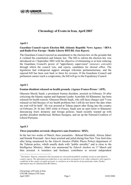Chronology of Events in Iran, April 2003*