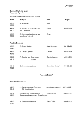 UA/1920/21 Durham Students' Union Assembly Agenda Thursday 6Th