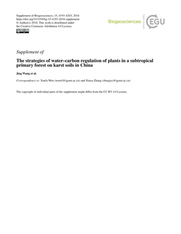 Supplement of the Strategies of Water–Carbon Regulation of Plants in a Subtropical Primary Forest on Karst Soils in China