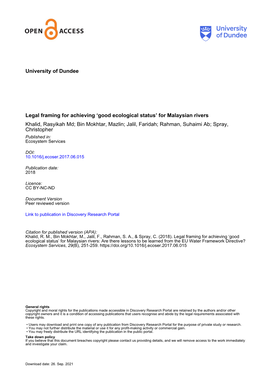 University of Dundee Legal Framing for Achieving 'Good Ecological Status' for Malaysian Rivers Khalid, Rasyikah Md; Bin Mokh