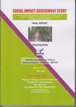 Social Impact Assessment Study Land Acquisition for the Construction of Industrial Park for Kinfra at Pattannur and Keezhallur Villages in Kannur District