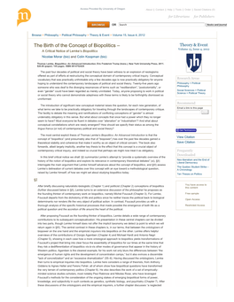 The Birth of the Concept of Biopolitics – Theory & Event Volume 15, Issue 4, 2012 a Critical Notice of Lemke’S Biopolitics Nicolae Morar (Bio) and Colin Koopman (Bio)