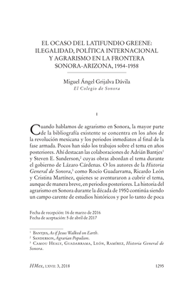 El Ocaso Del Latifundio Greene: Ilegalidad, Política Internacional Y Agrarismo En La Frontera Sonora-Arizona, 1954-1958