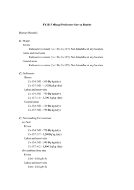 FY2015 Miyagi Prefecture Survey Results [Survey Results] (1) Water