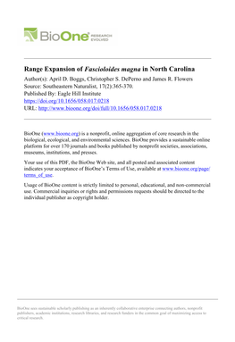 Range Expansion of Fascioloides Magna in North Carolina Author(S): April D