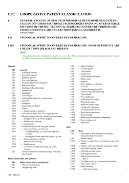 TECHNICAL SUBJECTS COVERED by FORMER USPC CROSS-REFERENCE ART COLLECTIONS [Xracs] and DIGESTS (NOTES Omitted) Y10 TECHNICAL SUBJECTS COVERED by FORMER USPC