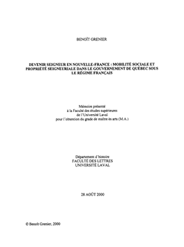 Propriété Seigneuriale Dans Le Gouvernement De Québec Entre 1626 Et 1760