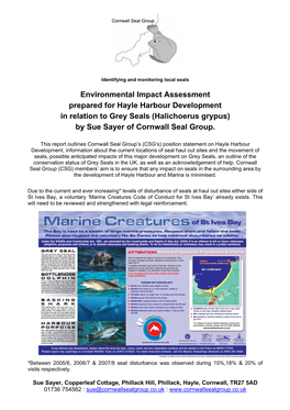 Environmental Impact Assessment Prepared for Hayle Harbour Development in Relation to Grey Seals (Halichoerus Grypus) by Sue Sayer of Cornwall Seal Group