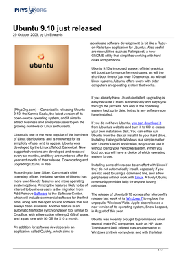 Ubuntu 9.10 Just Released 29 October 2009, by Lin Edwards