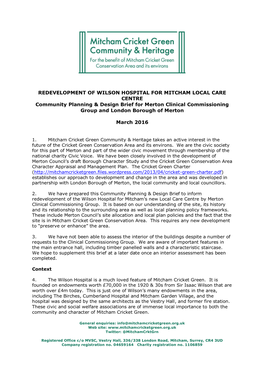 REDEVELOPMENT of WILSON HOSPITAL for MITCHAM LOCAL CARE CENTRE Community Planning & Design Brief for Merton Clinical Commissioning Group and London Borough of Merton