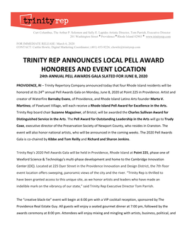 TRINITY REP ANNOUNCES LOCAL PELL AWARD HONOREES and EVENT LOCATION 24Th ANNUAL PELL AWARDS GALA SLATED for JUNE 8, 2020