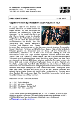 PRESSEMITTEILUNG 22.06.2017 Gogol Bordello Im Spätherbst Mit