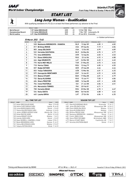 START LIST Long Jump Women - Qualification with Qualifying Standard of 6.75 (Q) Or at Least the 8 Best Performers (Q) Advance to the Final