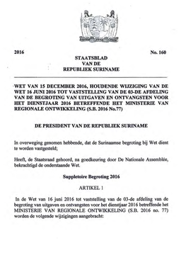 Suppletoire Begroting 2016 Ministerie Van