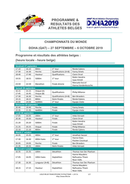 Programme & Resultats Des Athletes Belges