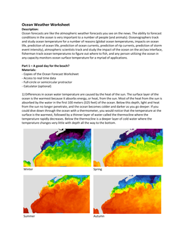 Ocean Weather Worksheet Description: Ocean Forecasts Are Like the Atmospheric Weather Forecasts You See on the News