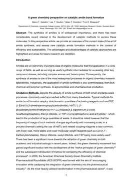 1 a Green Chemistry Perspective on Catalytic Amide Bond Formation