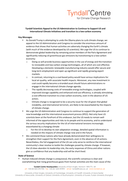 Tyndall Scientists Appeal to the US Administration to Continue to Support US and International Climate Initiatives and Transition to a Low-Carbon Economy