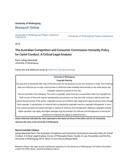 The Australian Competition and Consumer Commission Immunity Policy for Cartel Conduct: a Critical Legal Analysis