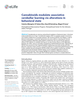 Cannabinoids Modulate Associative Cerebellar Learning Via Alterations in Behavioral State Catarina Albergaria, N Tatiana Silva, Dana M Darmohray, Megan R Carey*