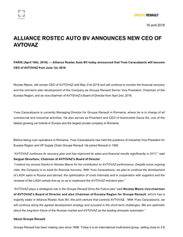 Alliance Rostec Auto Bv Announces New Ceo of Avtovaz