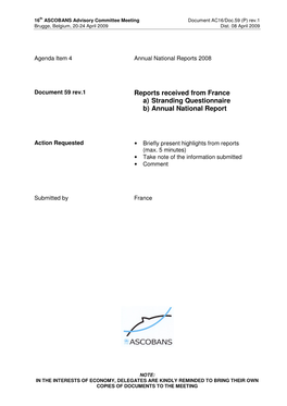 Reports Received from France A) Stranding Questionnaire B) Annual National Report