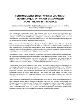 Sony Interactive Entertainment Übernimmt Housemarque, Entwickler Des Aktuellen Playstation®5-Hits Returnal