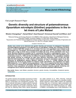 Genetic Diversity and Structure of Potamodromous Opsaridium Microlepis (Günther) Populations in the In- Let Rivers of Lake Malawi