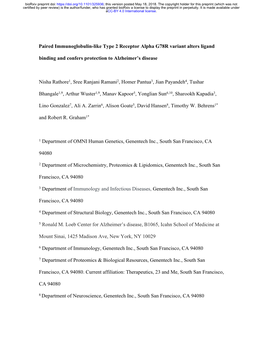 Paired Immunoglobulin-Like Type 2 Receptor Alpha G78R Variant Alters Ligand Binding and Confers Protection to Alzheimer's Dise