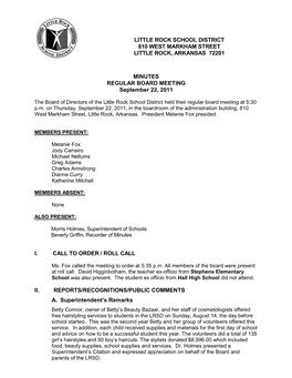 MINUTES REGULAR BOARD MEETING September 22, 2011 I